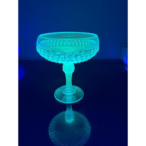 Indiana Glass Diamond Point Capri Blue Compote – UV Reactive Pedestal Candy Dish - Picture 2 of 9